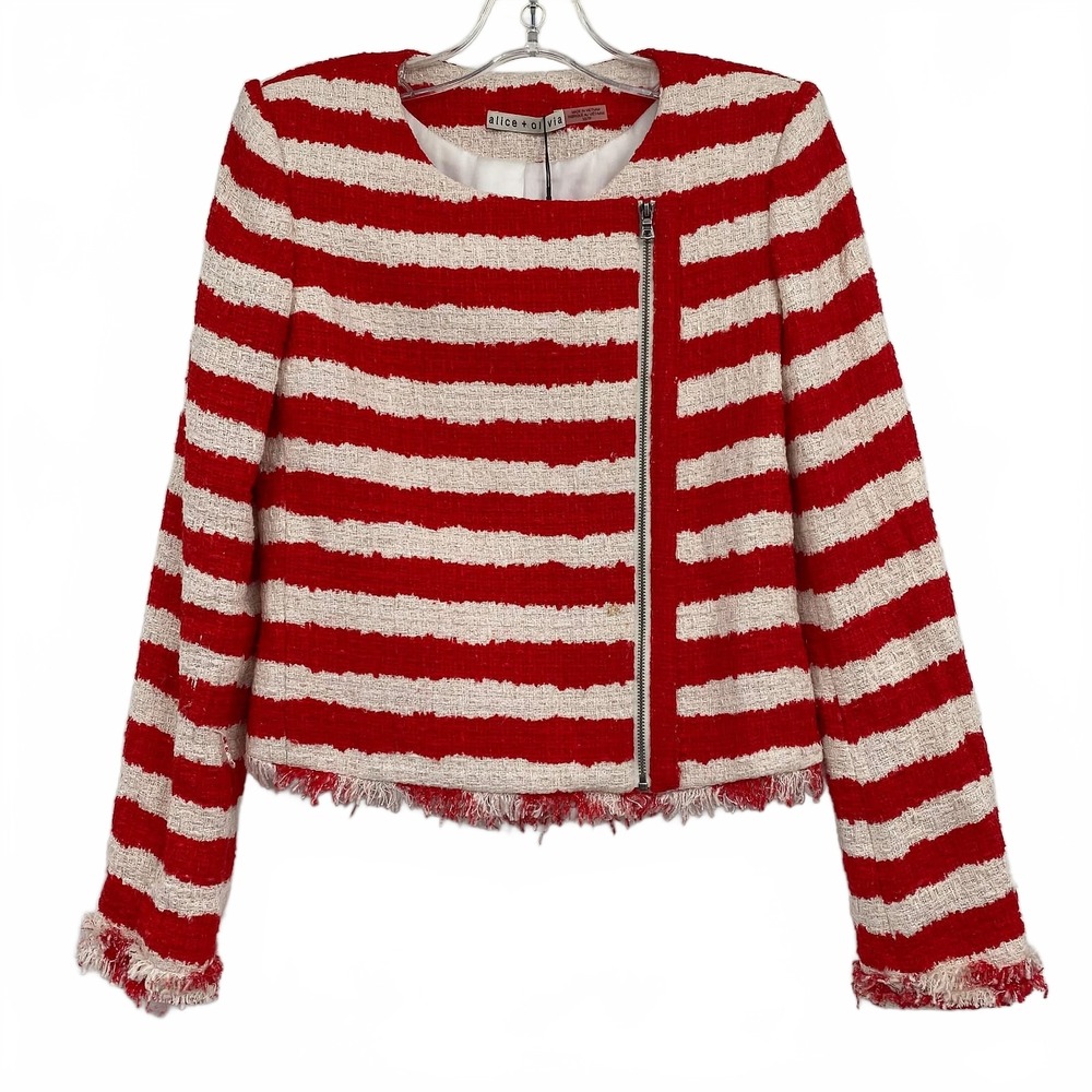 Alice + Olivia Red White Striped Tweed Zip-Up Blazer | Womens XS